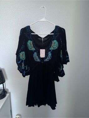 Free People Black Boho Embroidered V-Neck Mini Dress